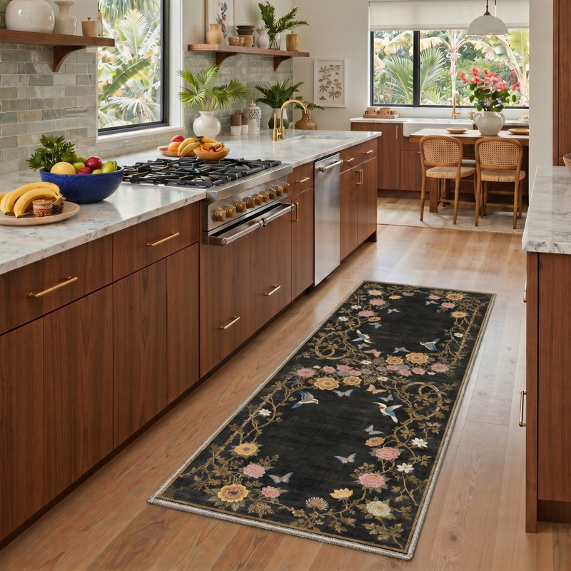 Alfred Avianora Floral Machine Washable Black Indoor Area Rug with Non-Slip Backing, Runner 2' x 6'