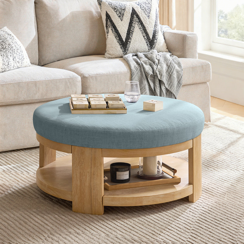 Kat Modern 40" Round Cocktail Ottoman with Solid Wood Legs, Blue
