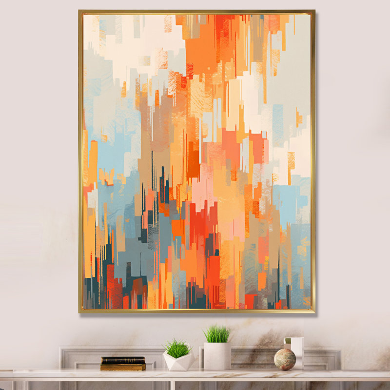 Orange orange, beige, réalités brisées - cubisme, art mural, Cadre flottant doré, H 32 po x l 16 po x P 1 po