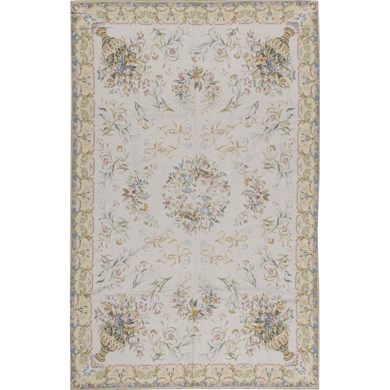 Tapis ivoire et doré de haute qualité noué à la main