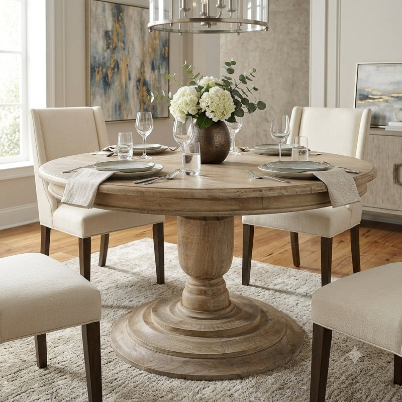 Attah Mahogany Round Solid Wood Dining Table, 30" H x 72" L x 72" W,  Gray Wash,  Gray Wash
