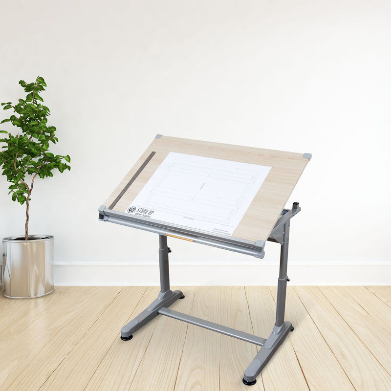 Adjustable Height Silver Frame Drafting Table with Birch Top