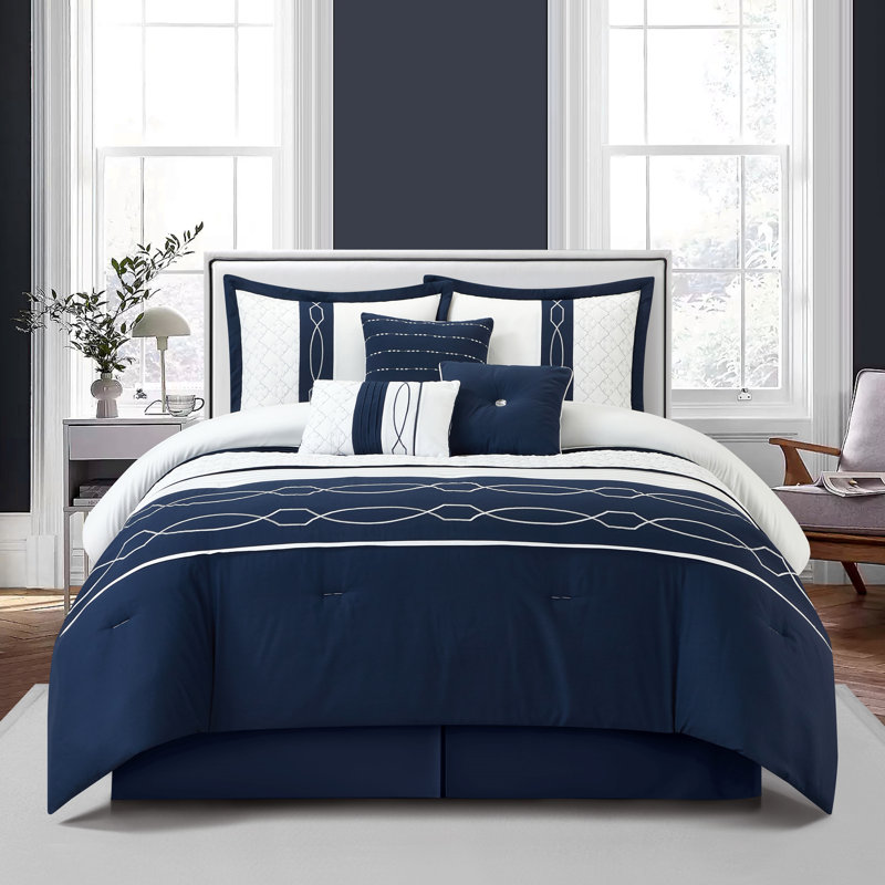 Ensemble d'édredon géométrique 7 pièces Penley, Grand édredon et 6 pièces supplémentaires, Bleu / blanc