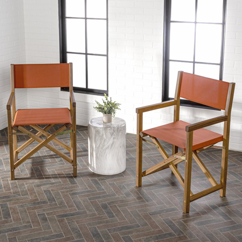 Cukor Coastal Acacia Wood Folding Outdoor Director Chairs, Orange Polyester Fabric Seat & Teak Brown Frame for Patio, Deck & Balcony