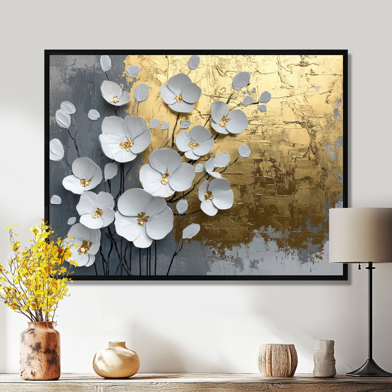 Fleurs blanches et dorées, forme pure de marbre III - coquelicot, art mural, H 30 po x l 40 po, Cadre flottant