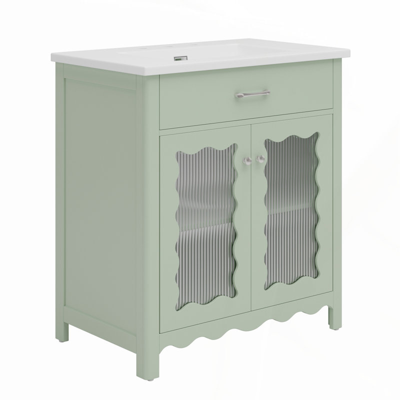 Meuble-lavabo en verre trempé de 31 pouces avec lavabo en céramique durable et tablettes réglables, parfait pour les salles de bain modernes