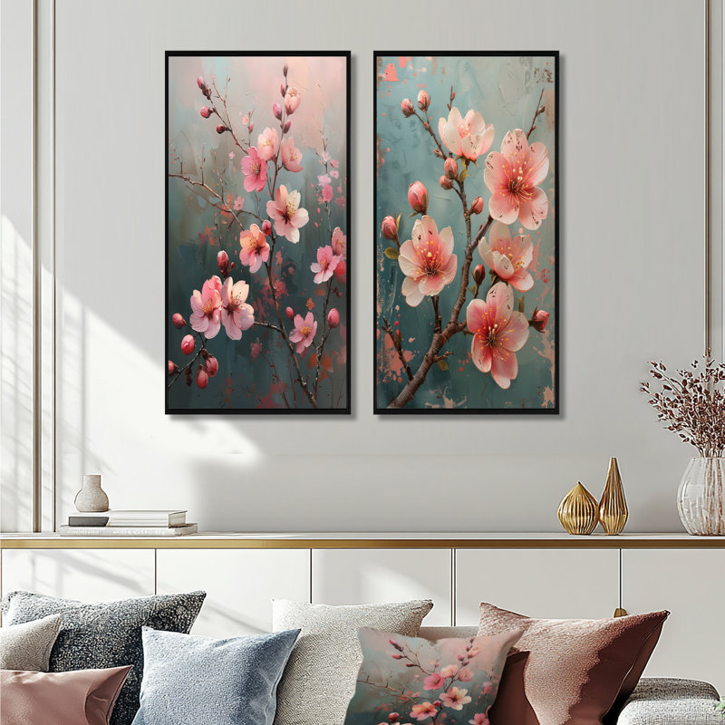 Ensemble de 2 pièces d'art mural rose et gris, H 32 po x l 32 po, Impression encadrée, Noir, noir, noir, noir