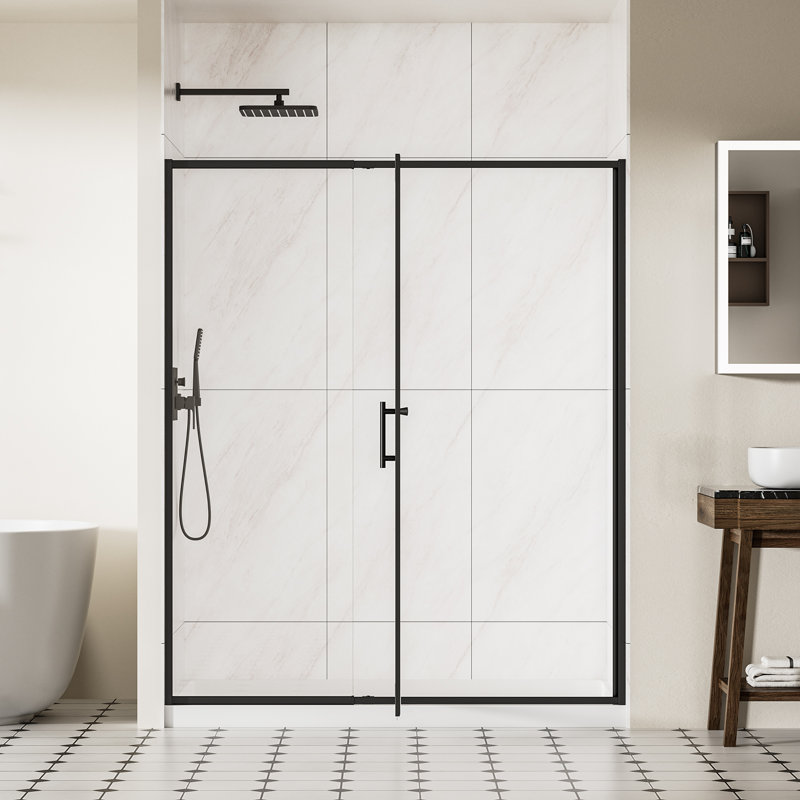 Porte de douche à cadre 60 po x l 71 po, porte de douche pivotante en verre trempé transparent de 6 mm, porte de douche battante avec cadre réglable en aluminium au fini noir mat