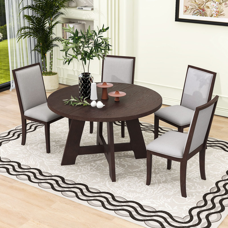 Dining Table Set with 4 Upholstered Dining Chairs, Dark Espresso