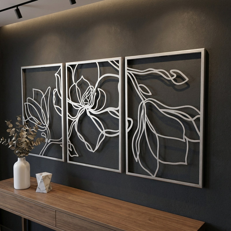 Ensemble de 3 décorations murales en métal, H 27 po x l 54 po x P 1 po, Argent