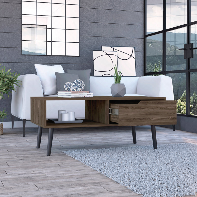 Table basse en noyer foncé avec un tiroir et une tablette ouverte