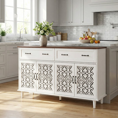 Vintage Style Sideboard Buffet Cabinet with Hand-Carved Floral Doors, Distressed Light Wood Finish, Two Drawers and Four Doors for Ample Storage, Feat