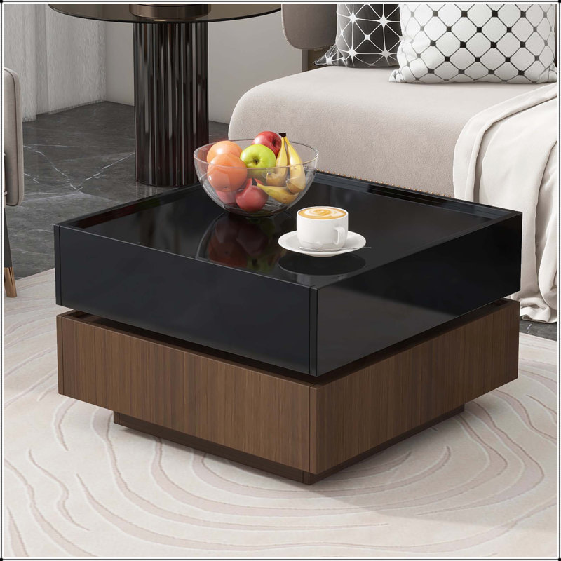 Multi-functional Square 360°Rotating Coffee Table with 2 Drawers, High Gloss 2-Tier Centre Table for Living Room