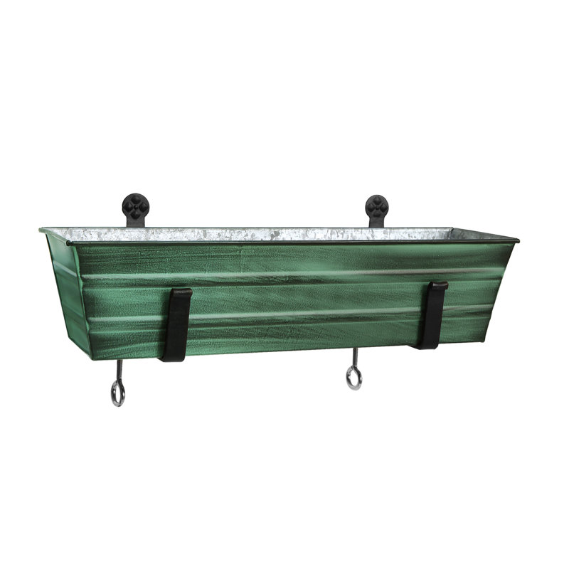 Small Green Patina Galvanized Steel Flower Box with Black Wrought Iron Brackets