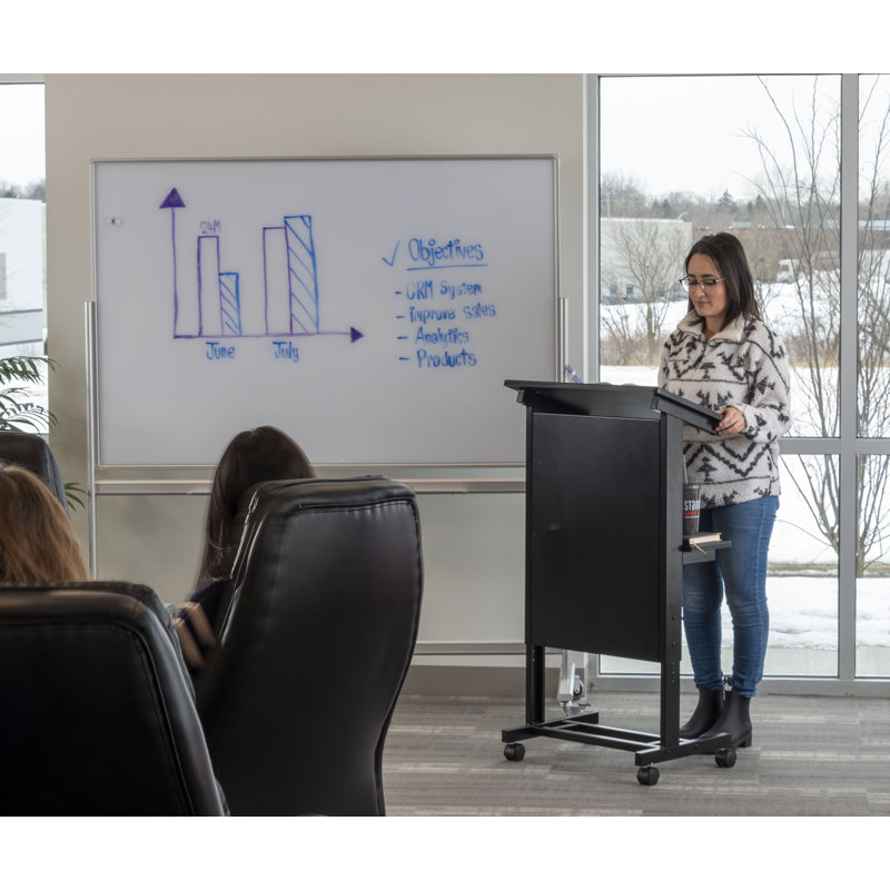 Adjustable Height Black Steel Rolling Lectern Podium