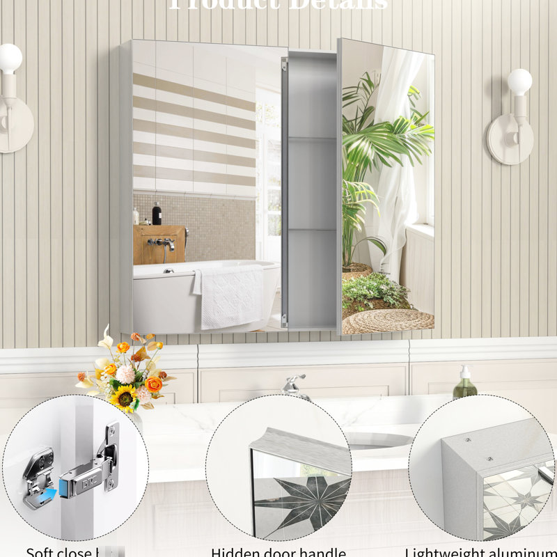 Armoire à pharmacie murale à miroir 32 po x 28 po, structure en aluminium, rangement grande capacité, usure, formaldéhyde argenté, tablettes multiples, compartiments de rangement, antirouille