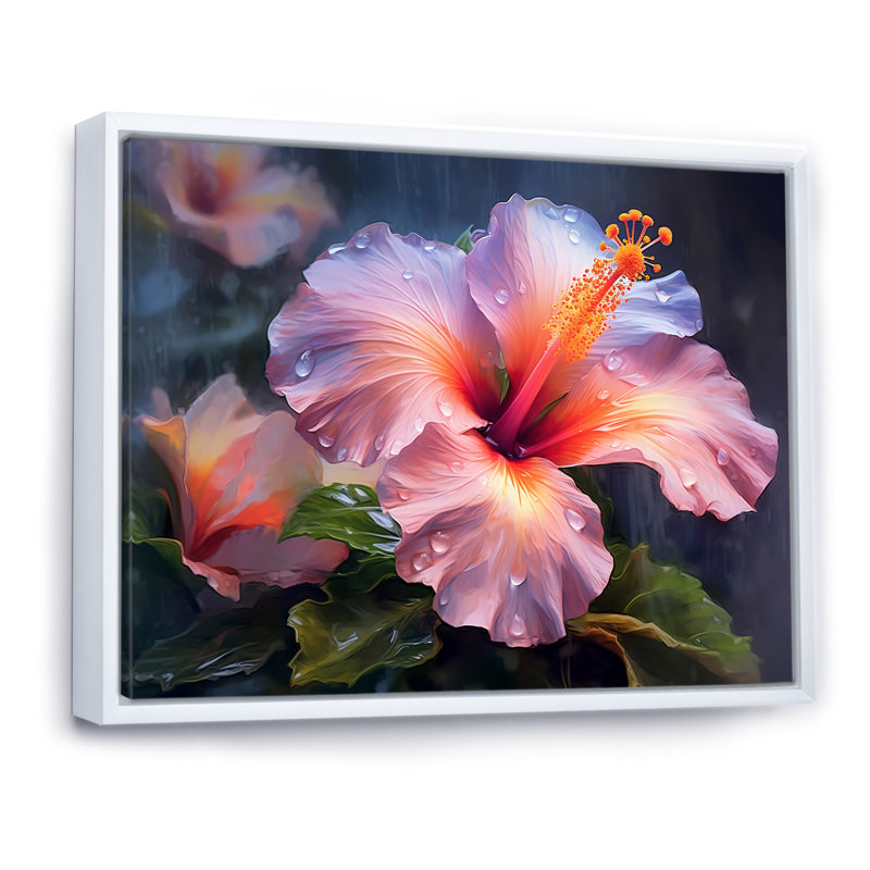 Hibiscus vibrant dans l'allure tropicale I, H 16 po x l 32 po x P 1 po, Cadre flottant blanc