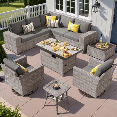 Ensemble de conversation pour 7 personnes avec chaise berçante pivotante, ensemble de conversation modulaire en rotin et osier avec coussins, ensemble de conversation pour canapé toutes saisons avec foyer pour table de jardin	