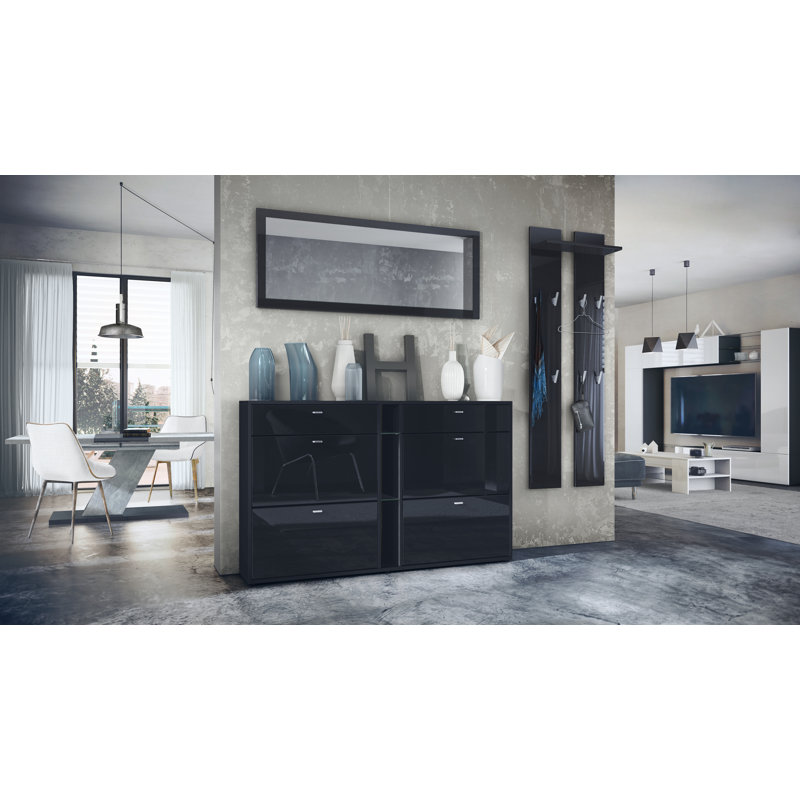 Orlando 215 cm W Hallway Set with Shoe Storage, Black High Gloss/Black