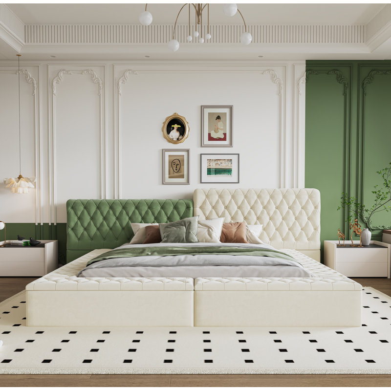 Contemporary Special-Shaped Fully Upholstered Bed With Deep Button Tufting And Storage Compartments In Rails And Footboard,No Box Spring Needed,,Beige