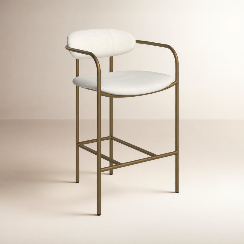 Belarus Upholstered Counter Stool with Metal Frame, Bar Stool (30” Seat Height), Antiqued Gold, Cream Linen Blend