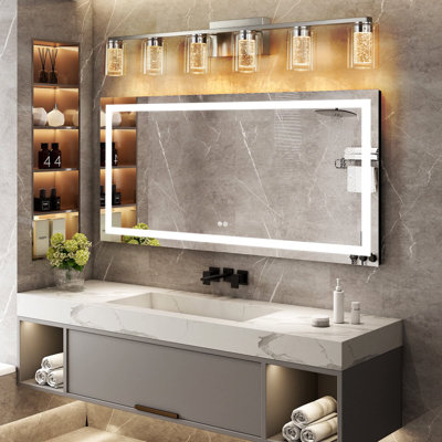 Luminaire de salle de bain à 6 lumières en nickel brossé avec abat-jour en cristal - Luminaire de meuble-lavabo à DEL à intensité variable 3000k-6000k