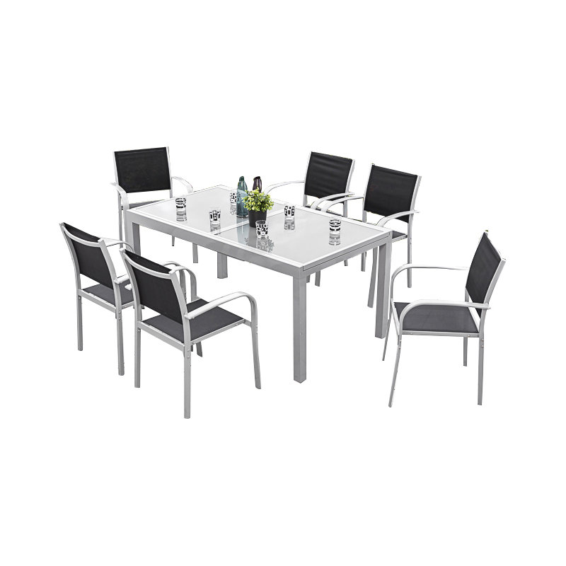 Ouarzazate 6 - Person Patio Dining Set with Extendable Rectangular Table, Silver and black