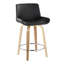Tabouret de bar pivotant à hauteur fixe de 61 cm (24 po) de style moderne du milieu du siècle, en bois de zèbre et similicuir noir, avec repose-pieds rond en métal chromé - Ensemble de 2-134889570