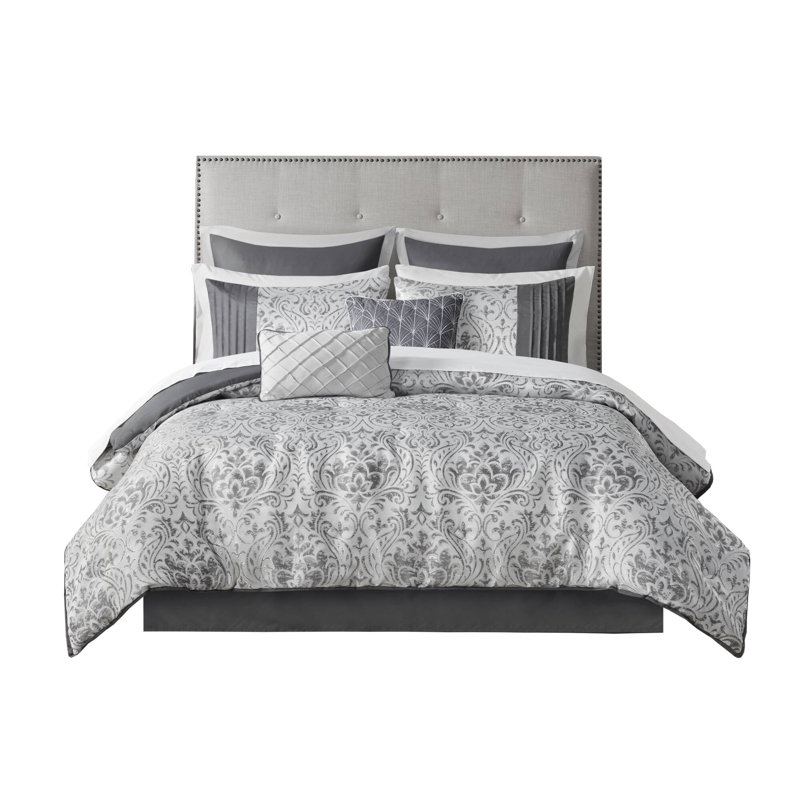 Emilia Silver Jacquard 12-Piece King Comforter Set with Bed Sheets, King Comforter + 11 Additional Pieces, Silver