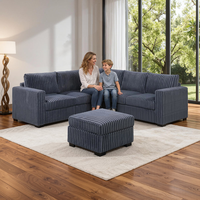 Canapé modulaire 4 pièces avec repose-pieds et velours côtelé en forme de L, Gris foncé