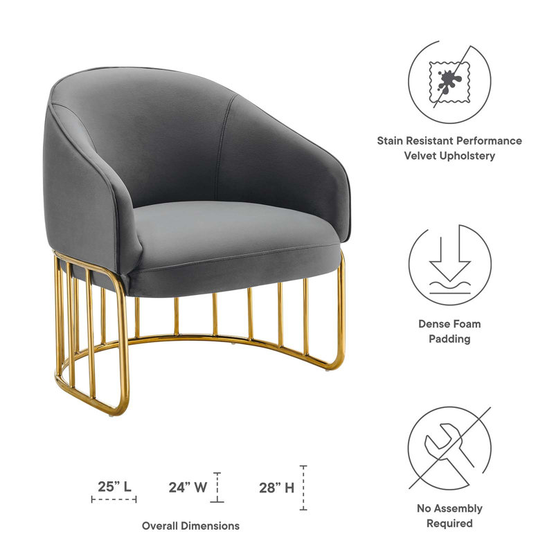 Arcadia Gray Velvet Accent Chair with Gold-Plated Base