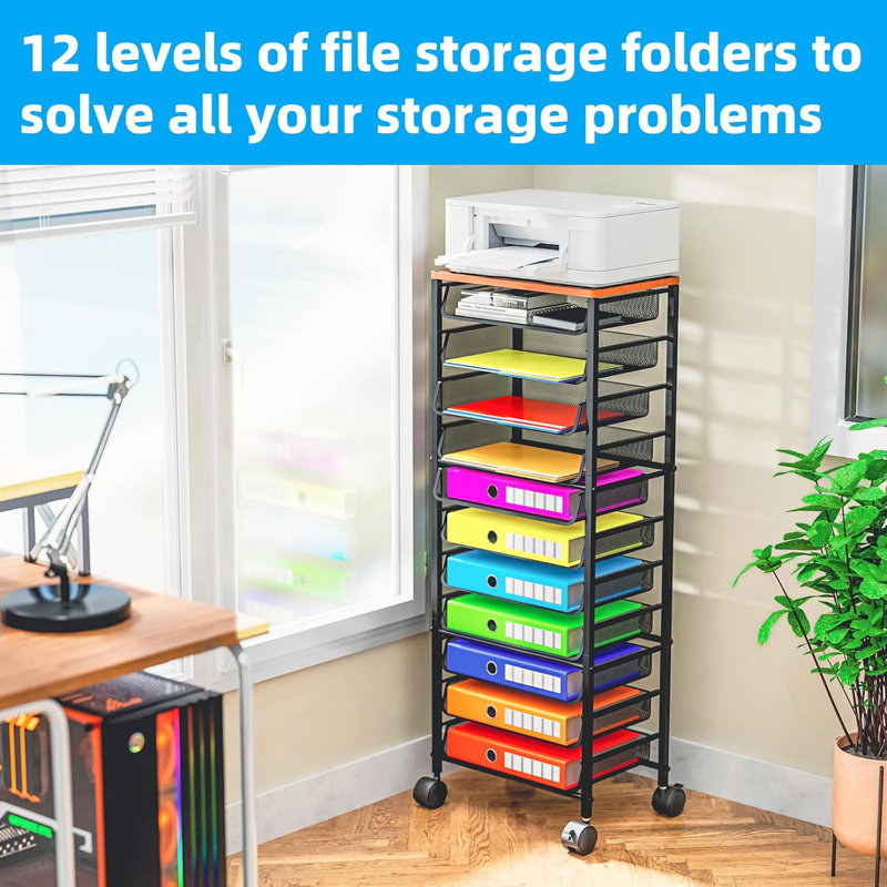 Simple Trending 12 Tier Rolling File Cart,Wood Desk File Organizer With Sliding Trays And Wetal Mesh Paper Letter Storage Multi-Functional Rolling Clutter Cart For Office, Home