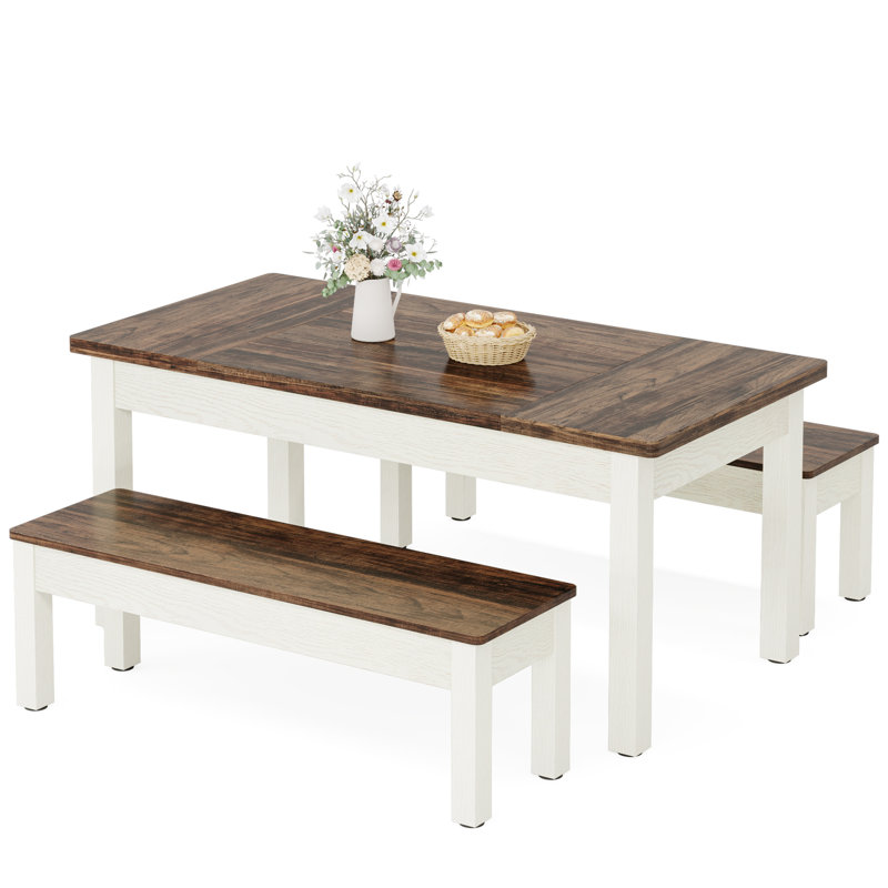 3 Piece Dining Table Set With 2 Benchs, Farmhouse Wood Kitchen Table With 2 Benches, Walnut/White