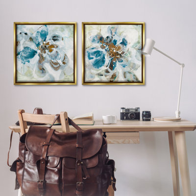 Ensemble de 2 toiles flottantes bleu sarcelle avec pétales de fleurs abstraites par Liz Jardine