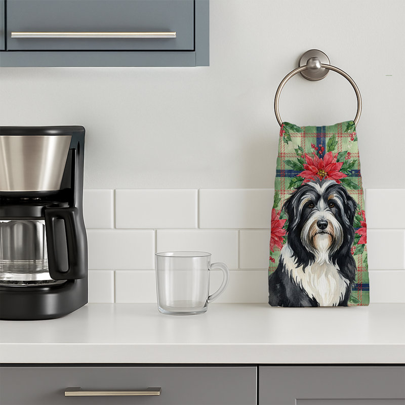 Black Bearded Collie Christmas PoinsettIas Kitchen Towel, Black Bearded Collie