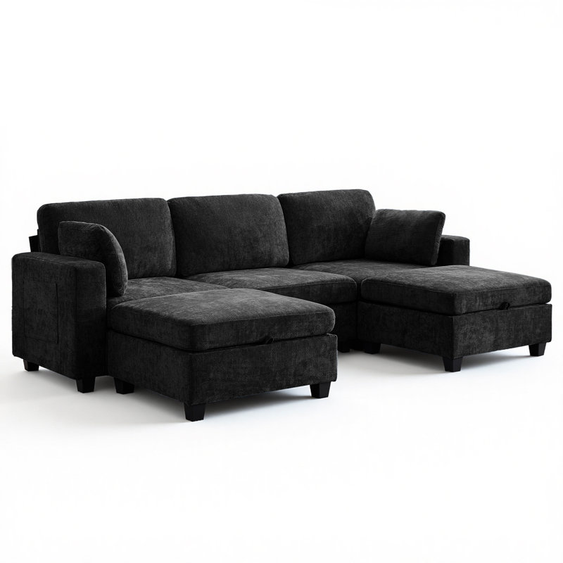 106" Wide Reversible U-Shaped Modern Modular Sectional Sofa With 2 Storage Ottomans, Charging Port, Arm Pillows, Side Pockets