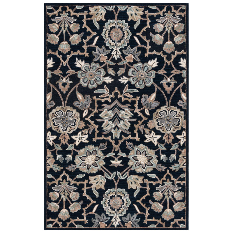 Bijal Hand Tufted Wool Cotton Floral Rug in Beige/Black, Rectangle 4' x 6'
