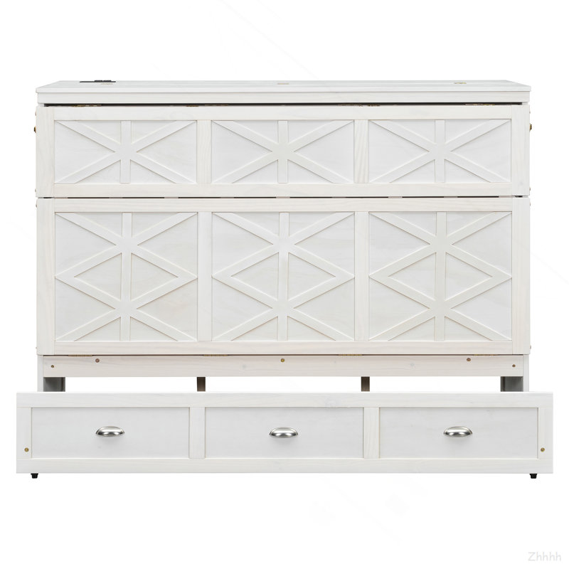 Grand lit escamotable avec grands tiroirs et USB, blanc brossé, White