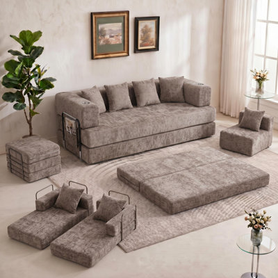 5-in-1 Sofa Bed with 4 Pillows & 2 Cup Holders for Living Room, Apartment and Small Spaces