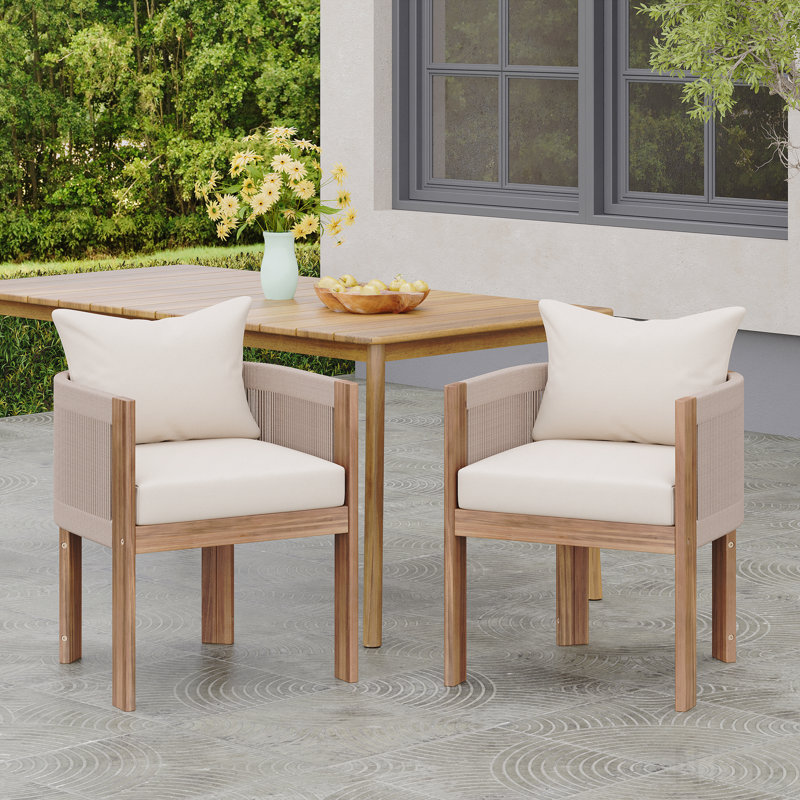 Chaise de salle à manger d'extérieur en bois, corde beige avec coussin beige, ensemble de 2