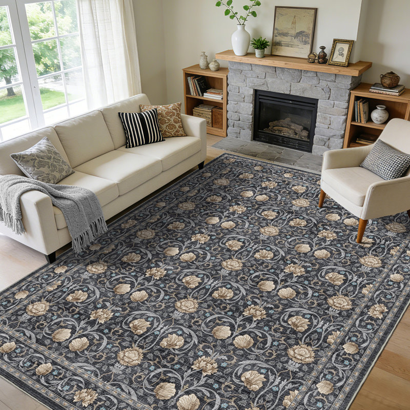 Vintage Floral Area Rug Washable Non Slip Low Pile Carpet Mark Resistant Soft Collapsible Vintage Accent Throw Rug Living Room Bedroom Dining Room Office Home Decor