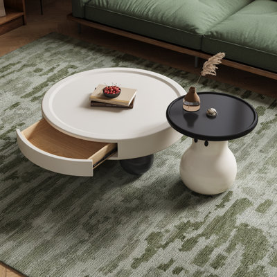 Table basse ronde moderne avec tiroir et ensemble de tables d'appoint assorti, finition blanche et noire