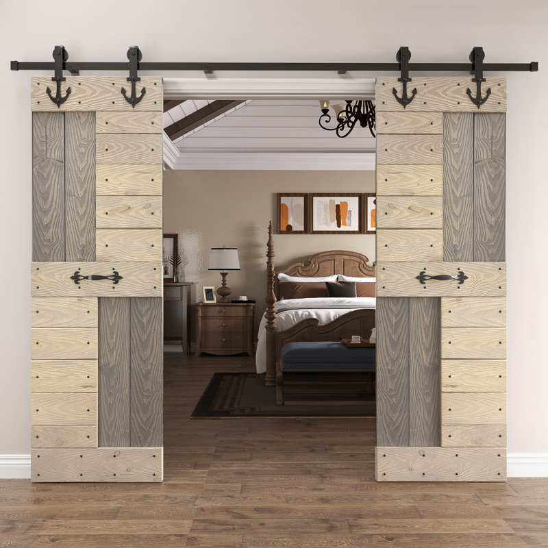 Porte de grange coulissante double S Series, 60 po x 84 po, Gris foncé / gris pâle