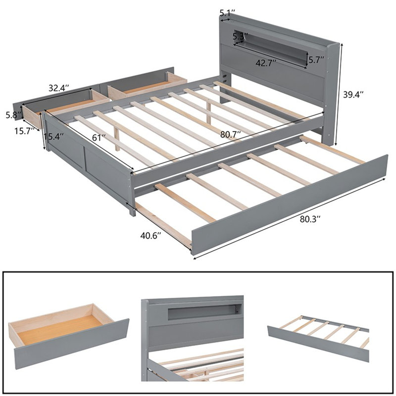 Grand lit plateforme avec rangement en bois avec DEL, gris