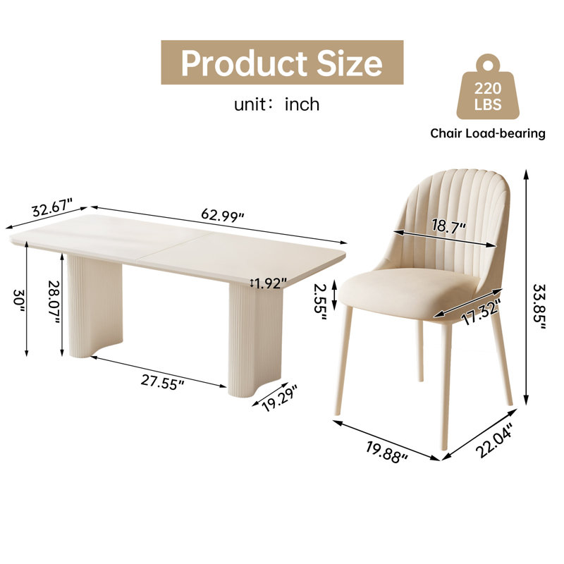 62.99" Modern Rectangle Cream White Dining Table Set with 4 Chairs for Kitchen, Bar, Living Room, 30"H x 62.99"W x 32.67"D