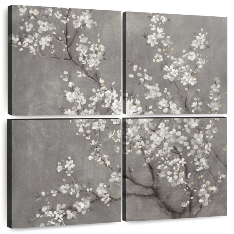 Fleurs de cerisier blanches Harnek II sur fond gris, H 18 po x l 18 po