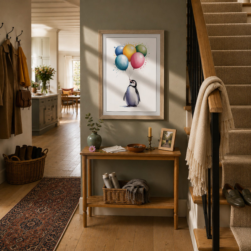 Penguin and Balloons Whimsical - Framed Print, A1 - 84.1 x 59.4 cm, Oak
