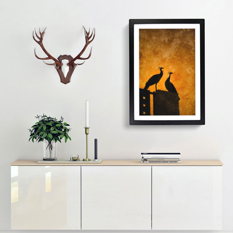 Silhouette of Two Peacocks - Picture Frame Painting Print, Black Framed, 87cm H x 62cm W x 2cm D