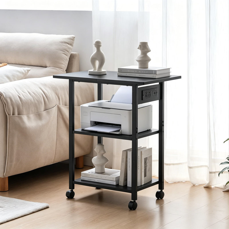 Support d'imprimante industriel à 3 niveaux avec station de charge, chariot d'imprimante mobile avec tablette de rangement et cadre en acier, table d'imprimante roulante avec roues verrouillables pour le bureau personnel
