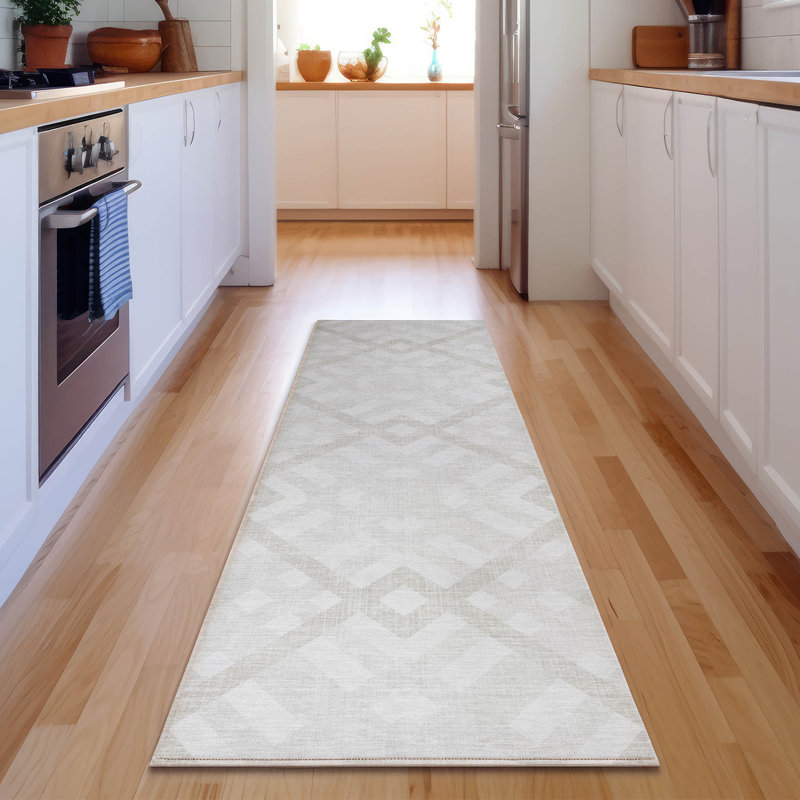 Premium Machine Washable Mayfield AMF616 Geometric Rug, 2'3" x 7'6" Runner, Ivory